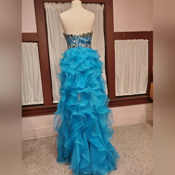 Turquoise Ruffly Hi-Lo Gown - Picture 4 of 5